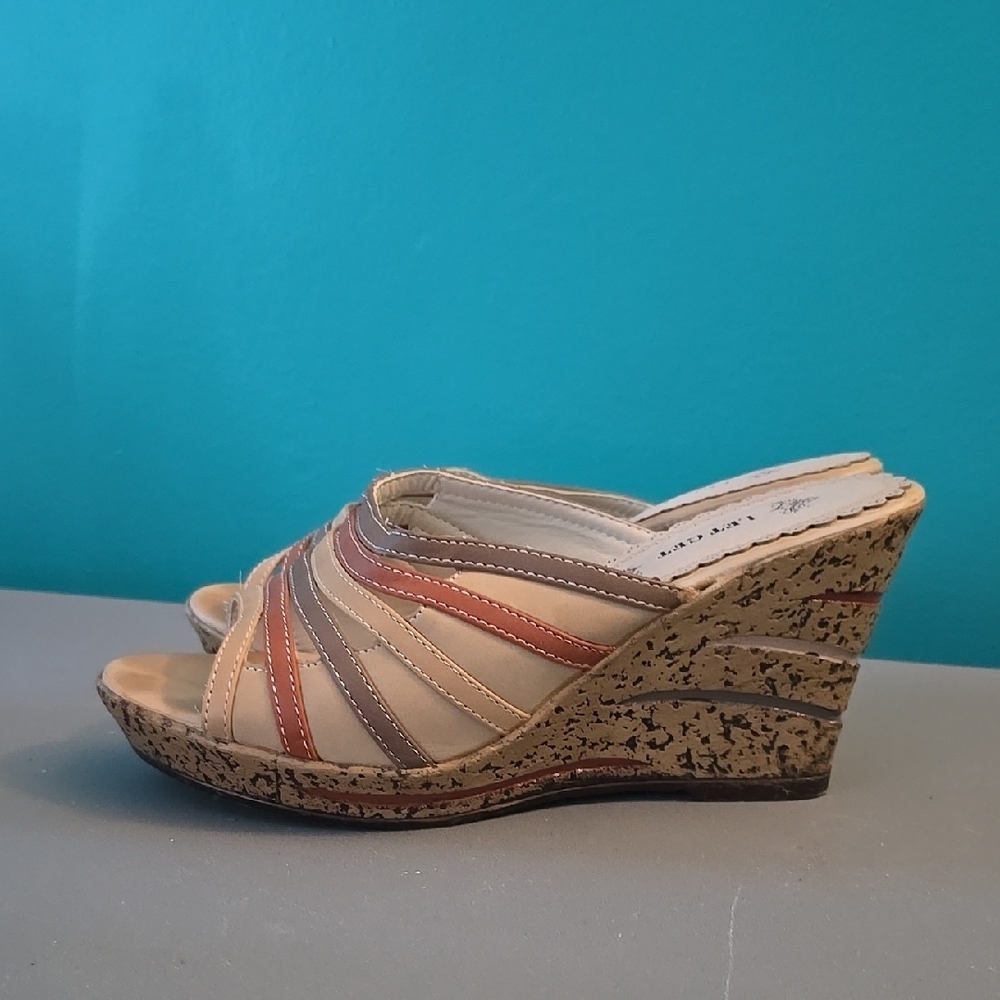 Tan and Brown Wedge Sandals with Cork Heel